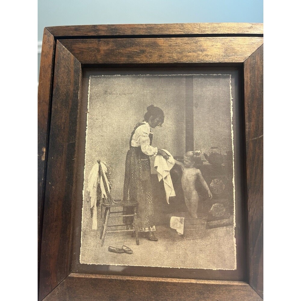 Framed Sepia Print Woman Bathing Child By R. Hendrickson Rustic Wooden Frame